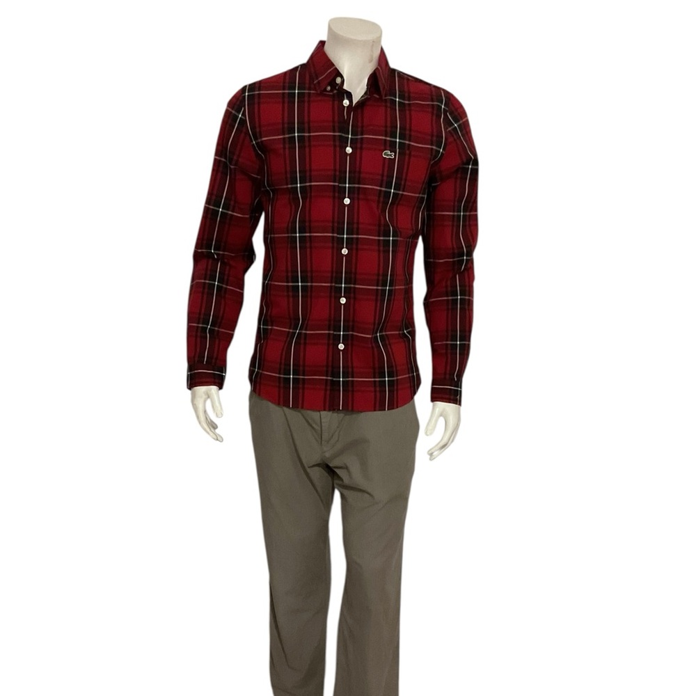 Lacoste Men’s Red Check Plaid Slim Fit Button Shirt